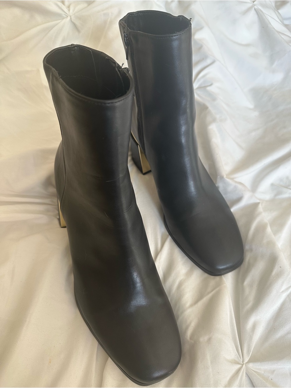 BCBG Black Women's Leather Ankle Boots with Gold Accent Block Heel